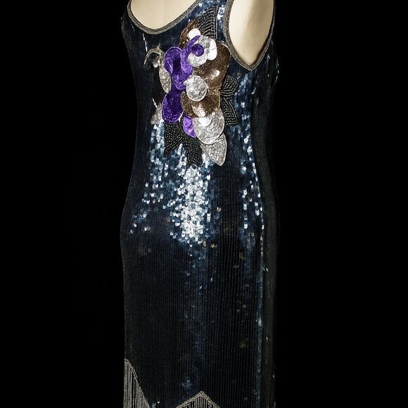 Vintage Gatsby Fringed Roaring 20s Sequin Dress | BLACK | Lillie Rubin | L | EVC - Picture 2 of 13